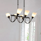 Vintage Black Chandelier Light with White Glass, LED Pendant Lamp (6/8/10 Lights) - Cup Shape, Linear Design - This black cup-shaped chandelier is perfect to inject a touch of vintage style into any room. It features white glass shades and comes with LED light